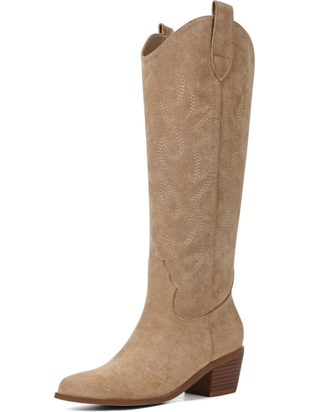 Women's Apricot Knee High Wide Calf Cowgirl Boots Embroidered Design Pull On